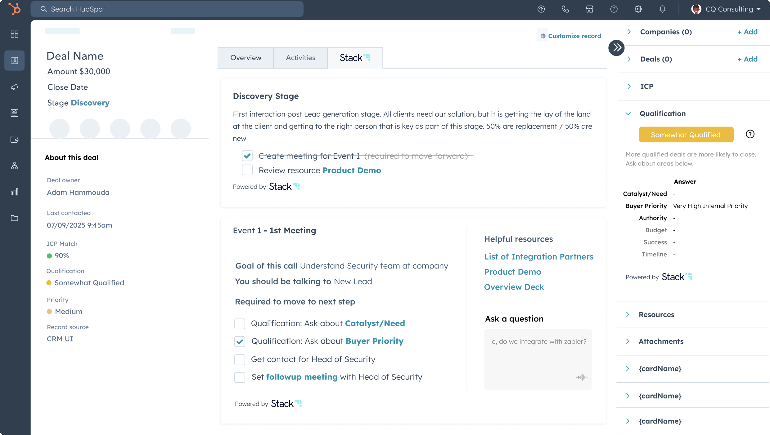 Stack integrated with HubSpot CRM